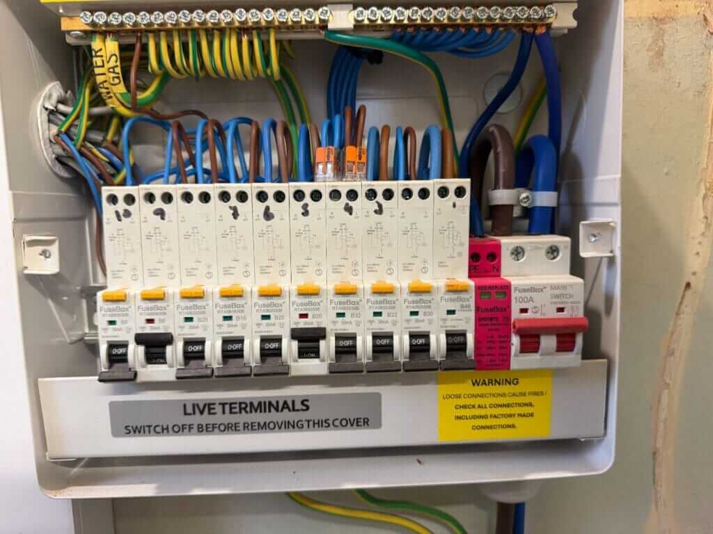 Consumer unit with circuit breakers and wiring