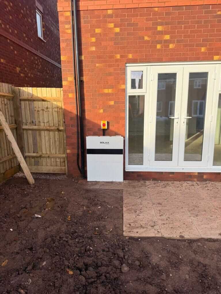 Battery storage unit installed outside a new build home