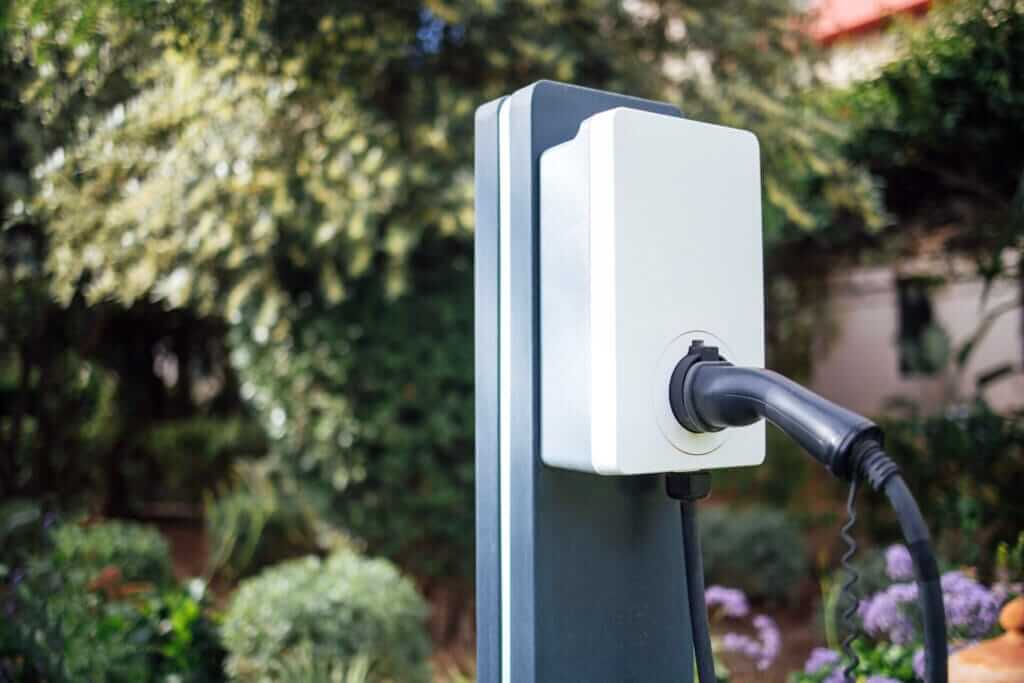 Home EV charge point with charging cable connected